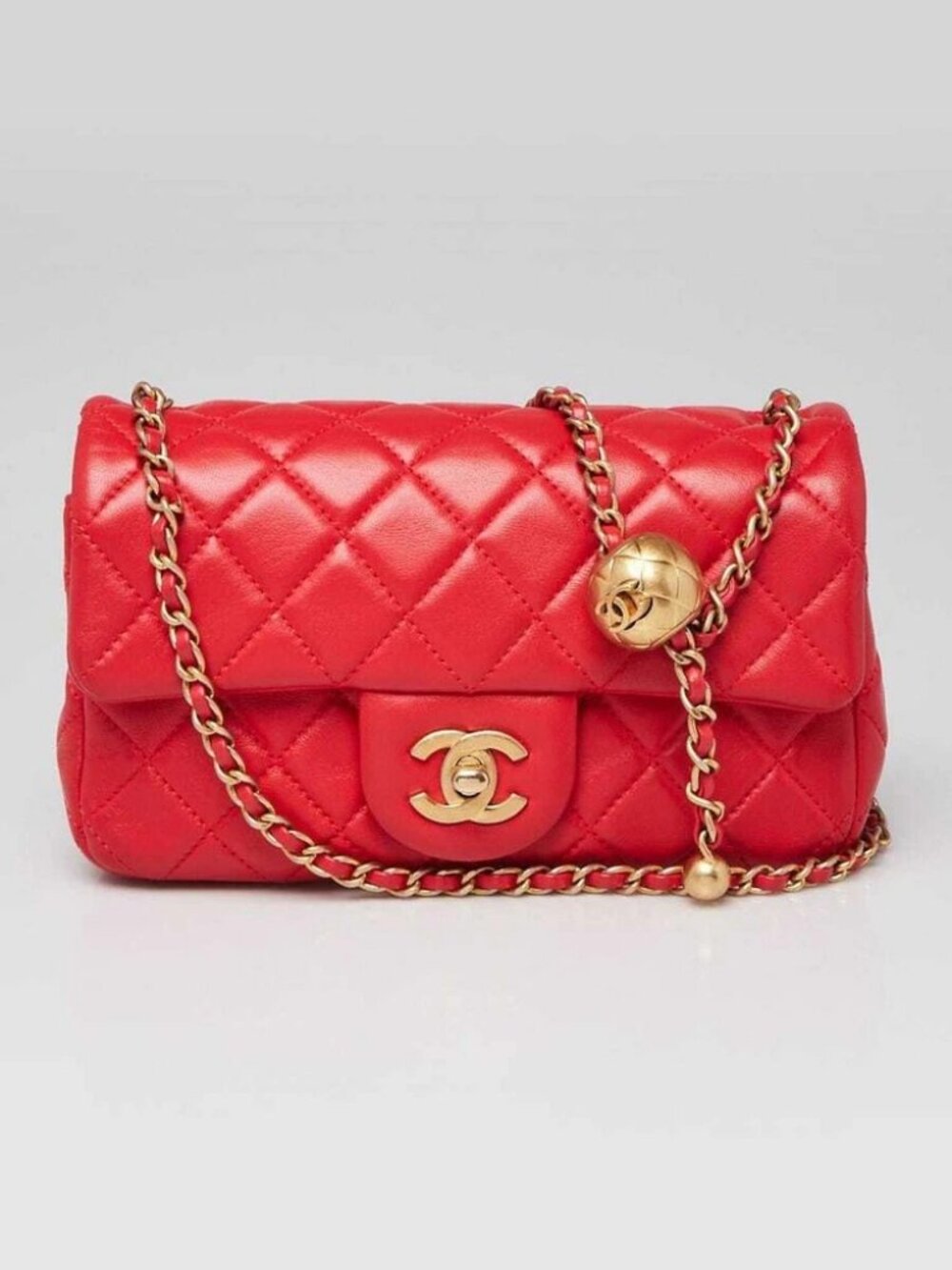 Chanel Red Quilted Lambskin Leather Pearl Crush Rectangular Mini Flap Bag